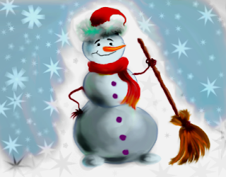 Lustige Weihnachtsbilder - Schneeflocken fallen auf einen Schneemann mit Besen