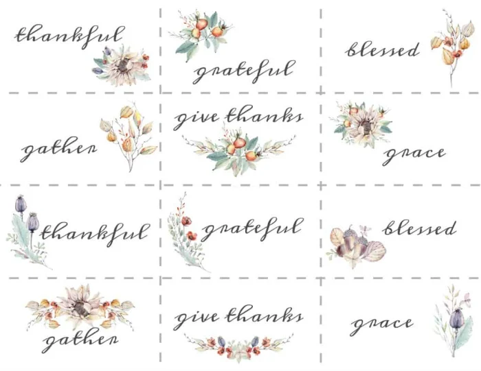 thankful, grateful, blessed printable place cards with florals
