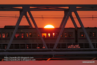 夕陽浴びて走る電車写真