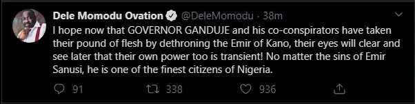 Emir Sanusi’s dethronement: Dele Momodu blasts Gov. Ganduje, says ‘power is transient’