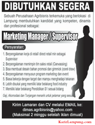 Lowongan Marketing Manager Perusahaan Agribisnis di Lampung