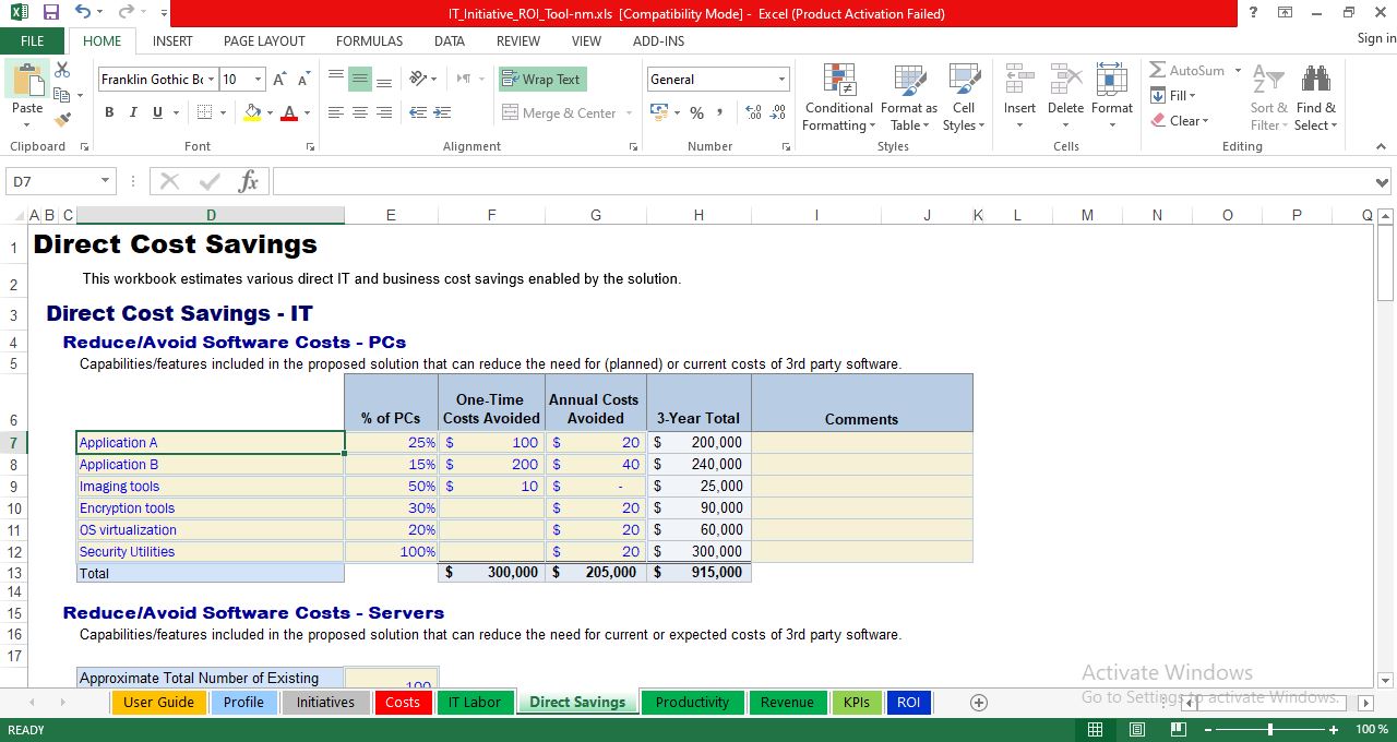 Direct Cost Savings worksheet