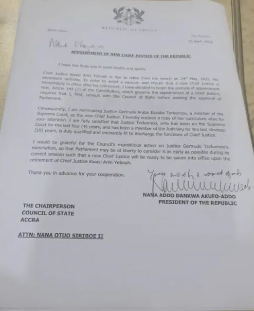 Appointment letter for Ghana's new Chief Justice