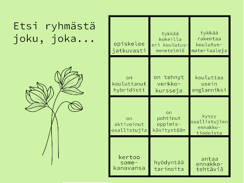 Etsi ryhmästä joku, joka..? Kysymykseen 9 erilaista vaihtoehtoa esim. opiskelee jatkuvasti, on kouluttanut hybridisti tai kouluttaa pääosin englanniksi.