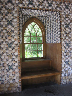 Arched window of the stone pavilion, interior decorated with shells, pebbles, and tiles, Queen Mother's Memorial Garden, Royal Botanic Garden, Edinburgh, Scotland