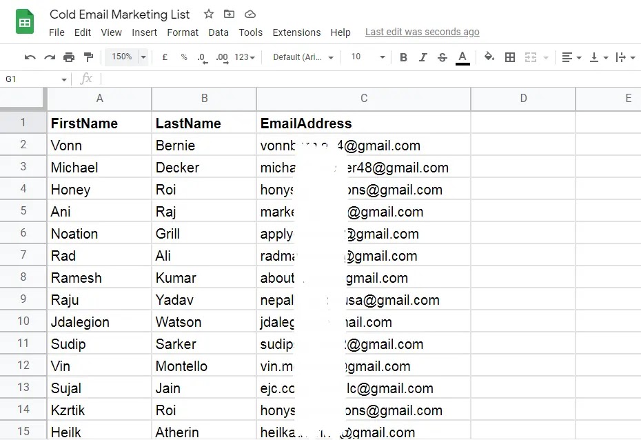 Bulk email list in google sheets