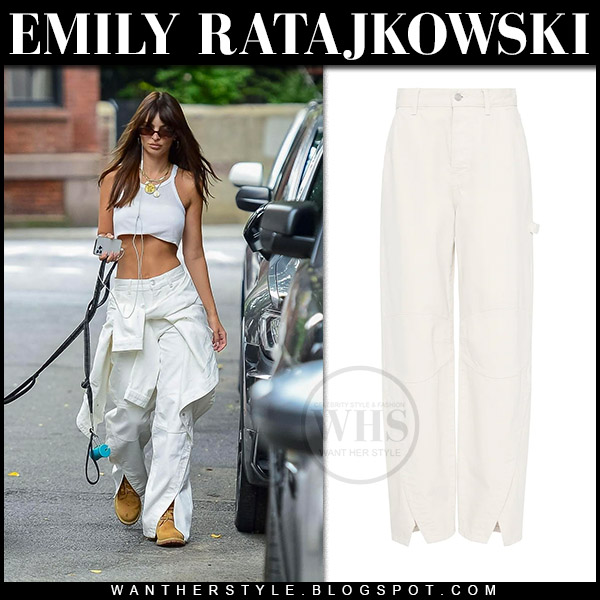 Emily Ratajkowski in white cargo pants, white tank top and suede boots in  NYC on August 29 ~ I want her style - What celebrities wore and where to  buy it. Celebrity Style