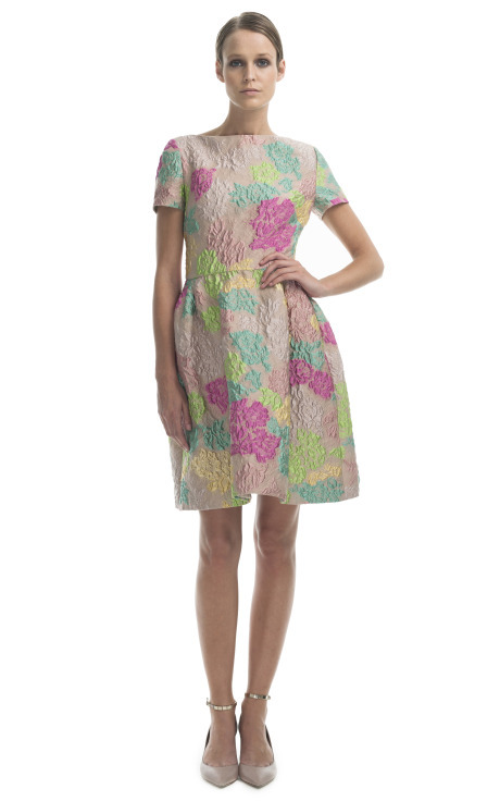Short Sleeve Floral Brocade Dress
