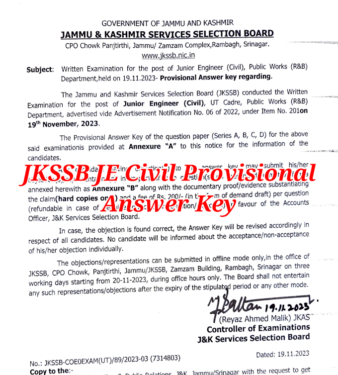 JKSSB Junior Engineer Civil Provisional Answer key  Direct link here