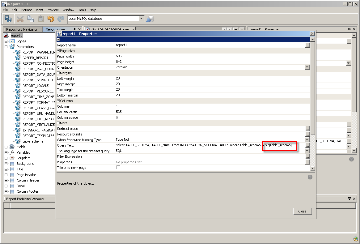 jasper reports use parameter in query string