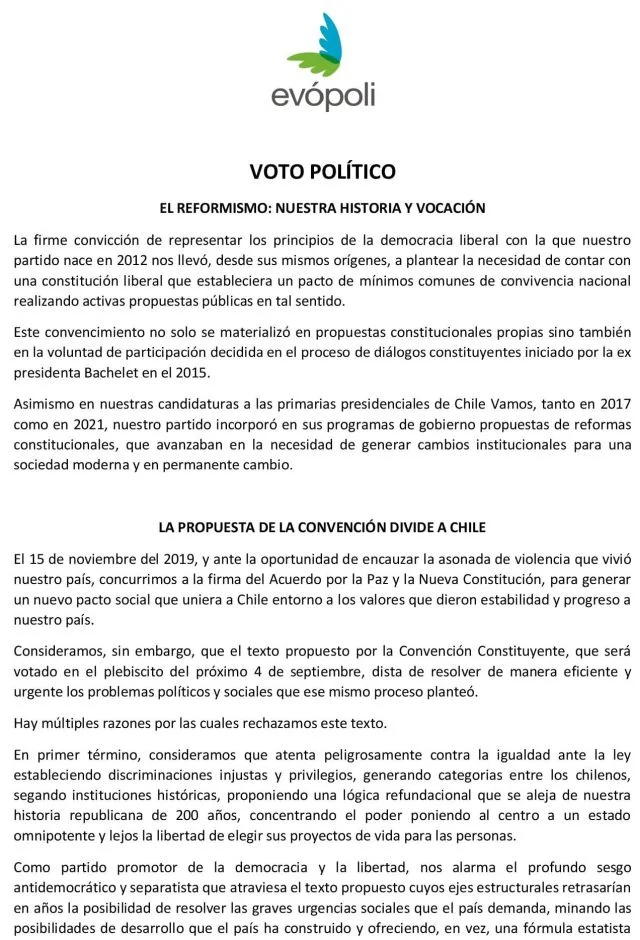 Evópoli llama a votar Rechazo