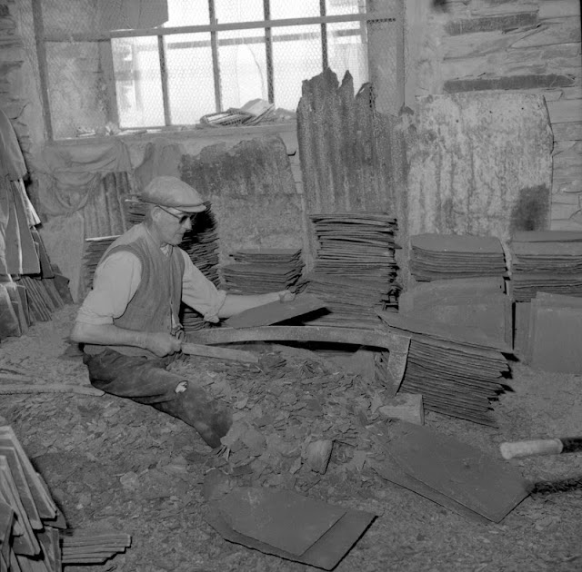 Broughton Moor, Lakeland Green Slate, 7 miles south-west of Coniston, Cumbria. Trimming roofing slate