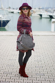 Jacquard coatigan, burgundy wool hat, rust suede fringe boots, Givenchy Nightingale bag, Fashion and Cookies, fashion blogger