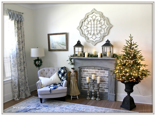 French Country-French Farmhouse-Christmas-Bedroom-Sitting Area-Christmas Tree In Urn-From My From Porch To Yours
