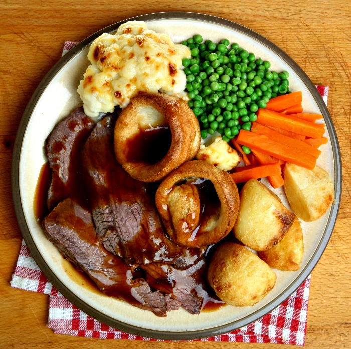 Roast Beef with Onion Gravy and Mustard Yorkies