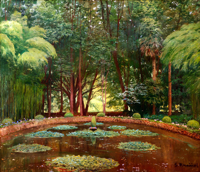 El estanque, Santiago Rusiñol y Prats, Pintor español, Jardines y Parques, Paisajes de Santiago Rusiñol, Pintores Catalanes, Pintura española, Jardines de Aranjuez, Jardines de españa, Paisajes de Santiago Rusiñol