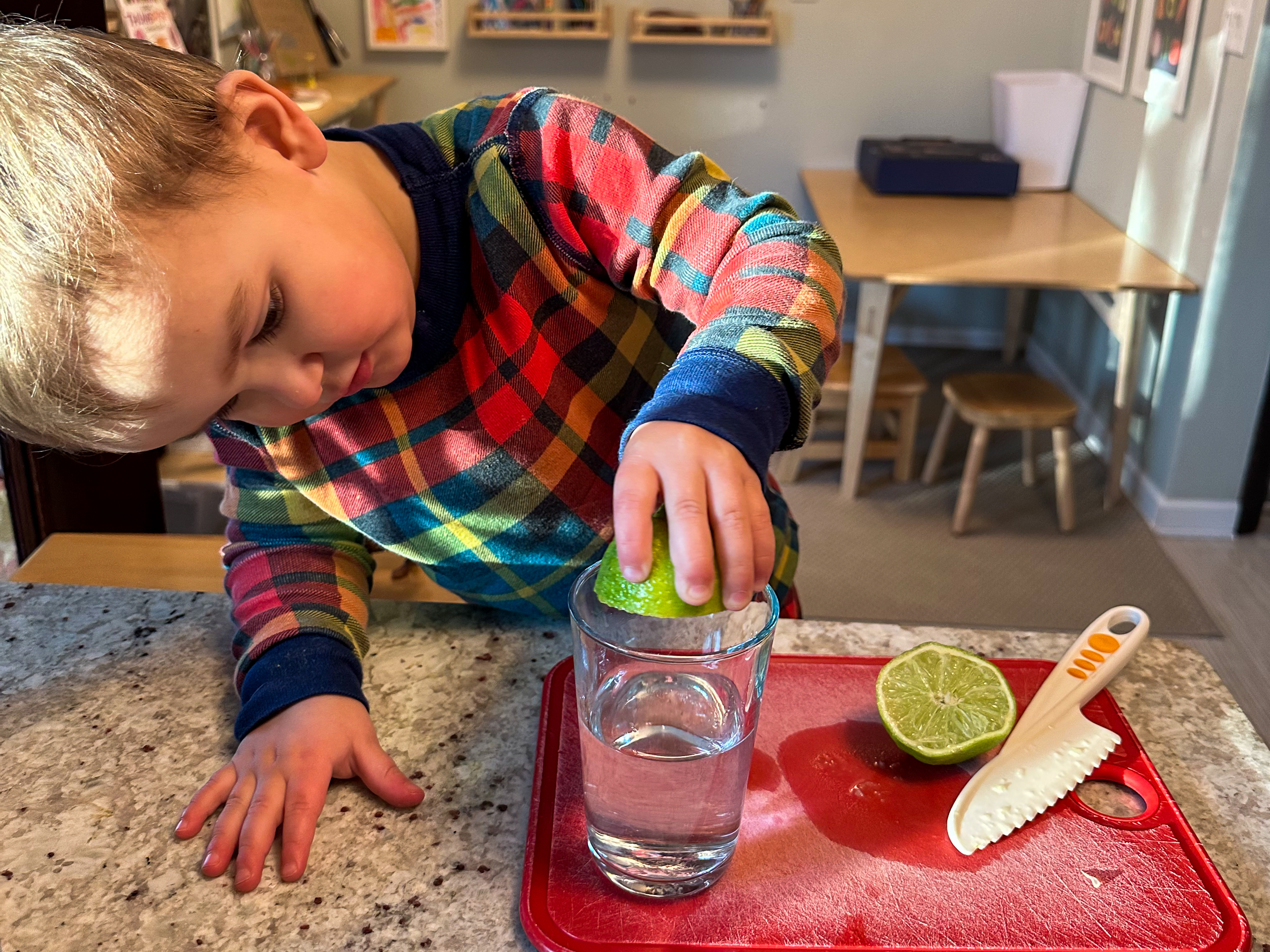 Montessori toddler at home deep in concentration squeezes a lime into water after slicing with a nylon knife.