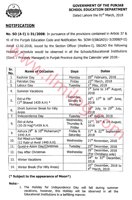 Punjab Holidays 2018 Educational Institutes School 