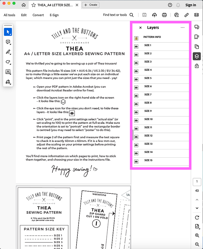 Screenshot of Adobe Acrobat Reader with the layers menu on the right-hand side highlighted in pink