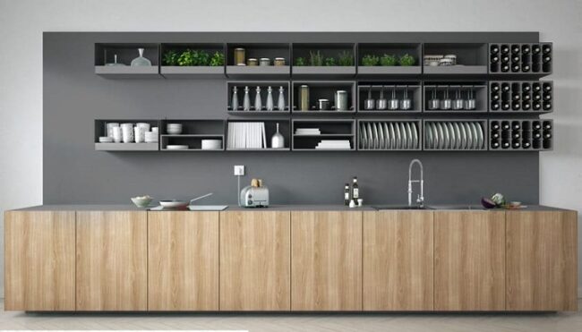 Kệ bếp gỗ MDF phủ sơn 2K xám thay thế tủ bếp trên đa năng cho căn hộ thông minh