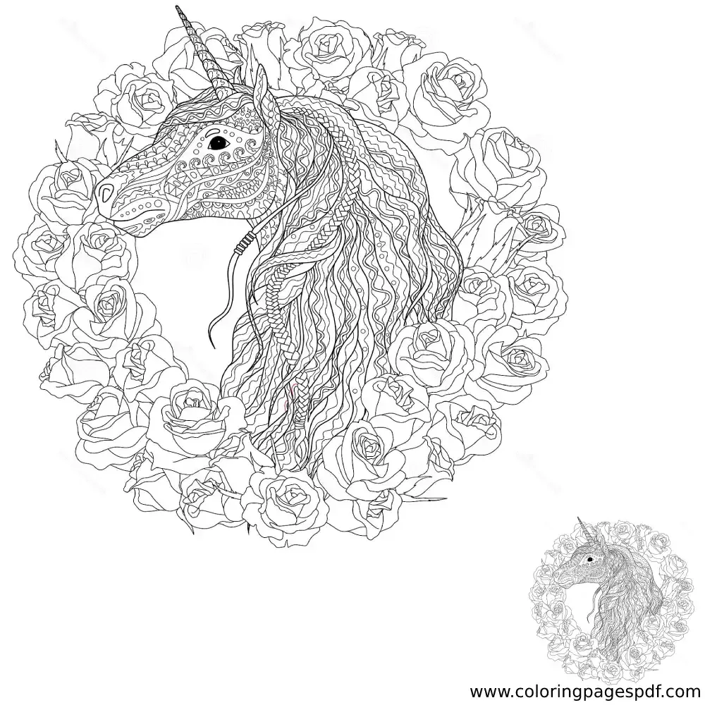 Coloring Page Of A Detailed Unicorn Flowers Mandala