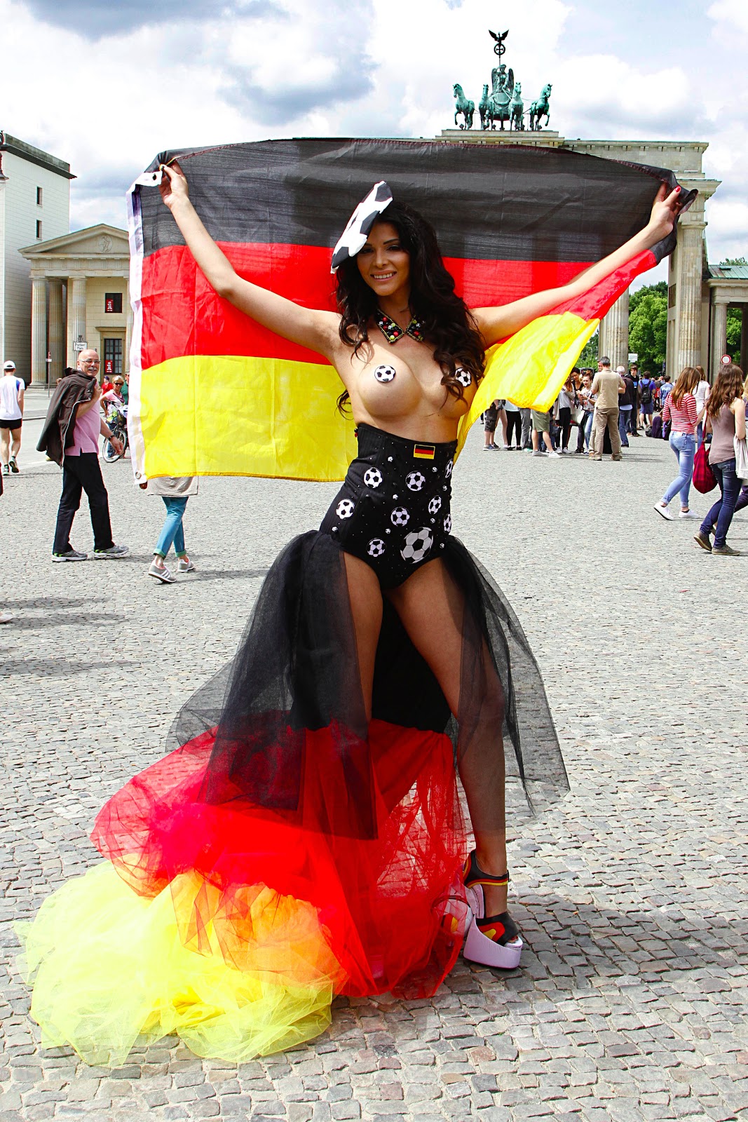 Micaela Schafer 2014 World Cup promo shoot at the Brandenburg Gate