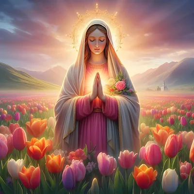 Imagen de la Virgen María en un campo de tulipanes de varios colores