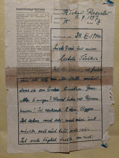 Lista R. Rezlera z obozu Gusen, z dnia 24.11.1940, napisany na bloku 15, izba A.