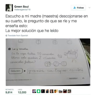 Escucho a mi madre, maestra, descojonarse en su cuarto, le pregunto de qué se ríe y me enseña esto, la mejor solución que he leído