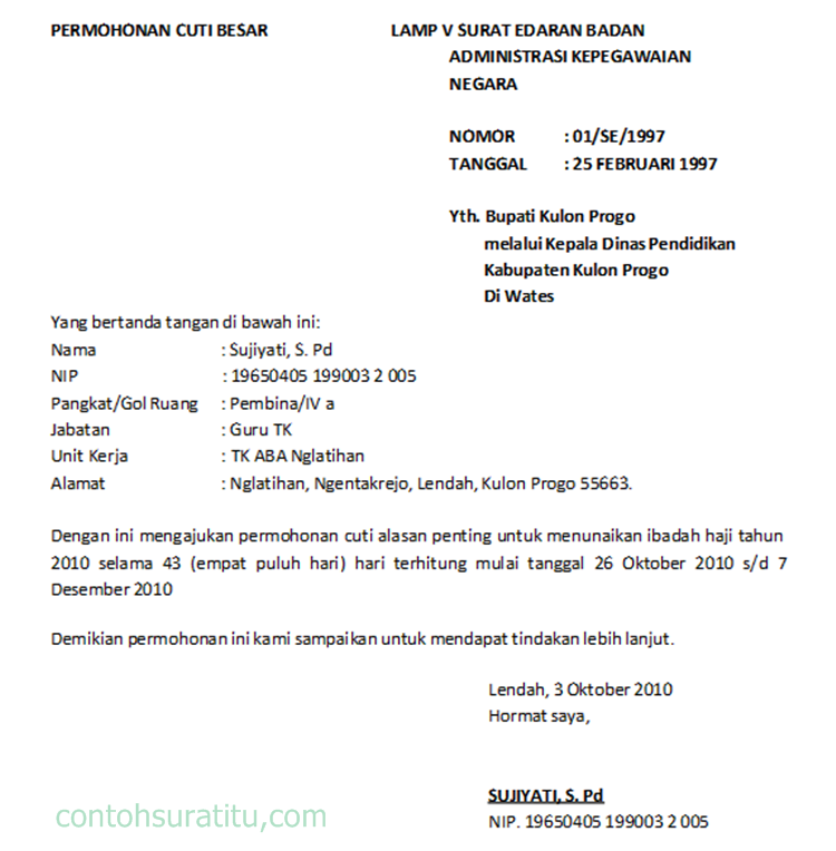 Contoh Surat Permohonan Cuti Haji Yang Benar