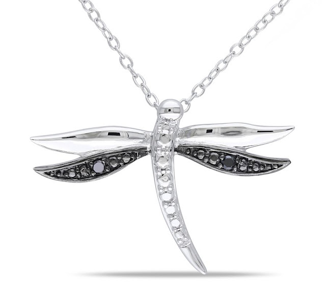 Sterling Silver Black and White CZ Dragonfly Necklace