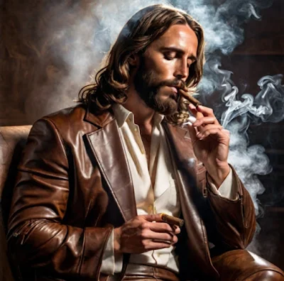 Jesus wearing a beautiful brown leather blazer suit smoking a cigar with his eyes closed blissed out sitting in a chair from the waist up