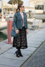 Black lace skirt, peacock leather jacket, Miu Miu razor sunglasses, Fashion and Cookies, fashion blogger