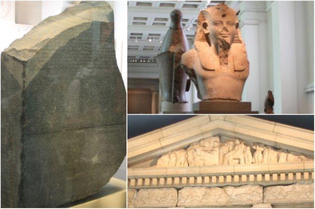 Piedra Rosetta, busto egipcio, detalle de templo griego en el British Museum, Museo Britanico en Londres