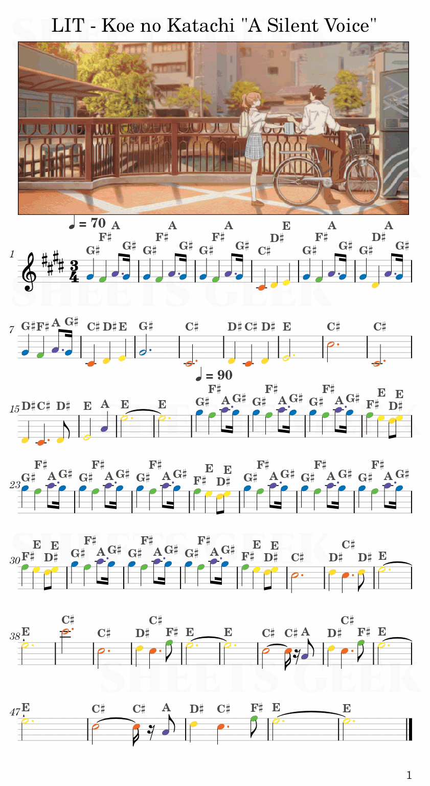 LIT - Koe no Katachi A Silent Voice Easy Sheet Music Free for piano, keyboard, flute, violin, sax, cello page 1