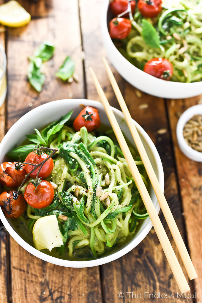 CREAMY AVOCADO PESTO ZUCCHINI NOODLES WITH BURST TOMATOES