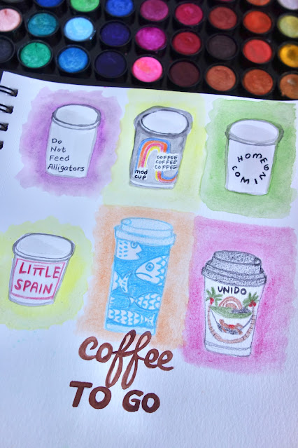 sketchbook, sketchbook practice, watercolor, colored pencils, coffee cups, packaging design, coffee to-go cups, Do Not Feed Alligators, Modcup, Little Spain, Homecoming Coffee, Coffee at Noon Coffee, Unido Coffee, blah to TADA, photo by Claire Mercado-Obias