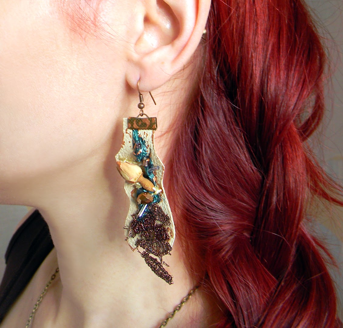 Dangle Leather Earrings in Eco Chic and Fancy Rustic Style with Organic Rose and Brown Copper Embroidery Applique