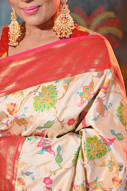 White saree with meenakari jaal, red border and pallu