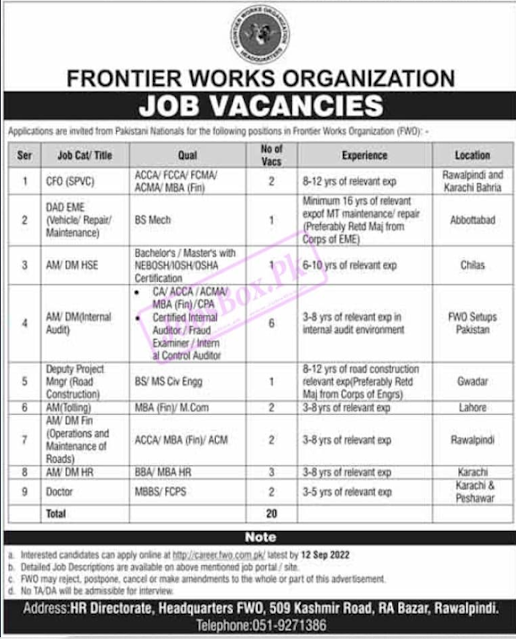 Latest Jobs in Frontier Works Organization FWO 2022 - Apply Now