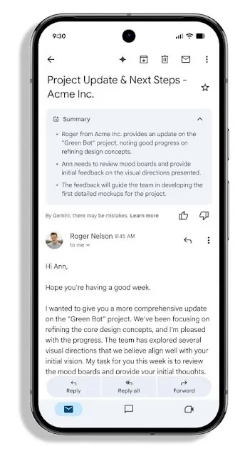 Vista de tarjetas de resumen generadas por Gemini en Gmail