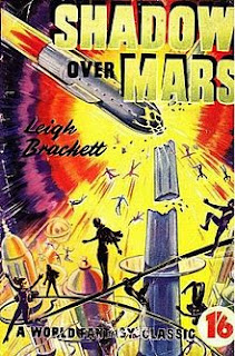 Shadow over Mars book cover. Illustration of rocket hitting tower.