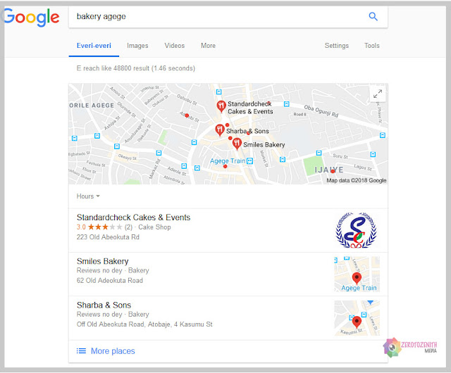 Google Local Search Result for "bakery agege" Lagos.