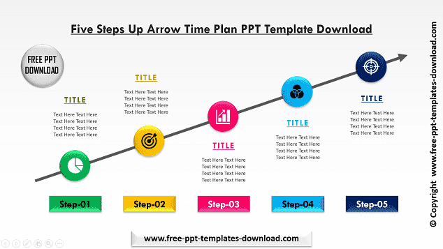Five Steps Diagonal Up Arrow Time Plan Free PPT Template Download