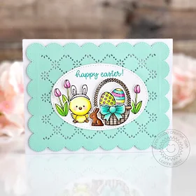 Sunny Studio Stamps: Frilly Frame Dies Stitched Oval Dies Chickie Baby Easter Card by Leanne West