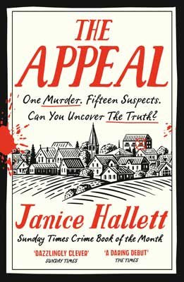 Black and white drawing of an english town, with red writing: THE APPEAL by JANICE HALLETT. There is a red blood spatter on the left hand side.