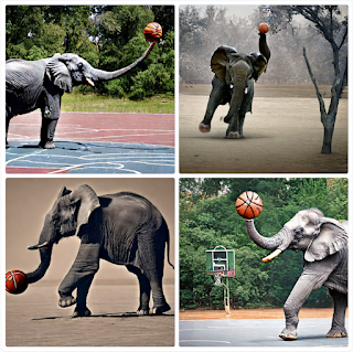 Four pictures of an elephant playing basketball