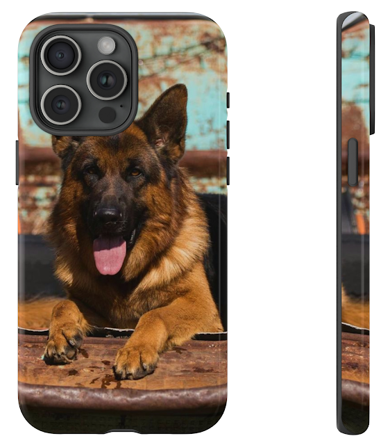 iPhone 15 Pro Max Tough Case With Huge Red and Black German Shepherd Sitting On the Truck Bed.