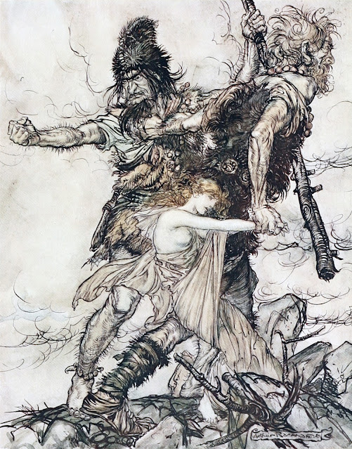 Фасольт внезапно хватает Фрейю и тащит ее в сторону вместе с Фафнером. Рэкхем, Артур (иллюстрация) (1910)