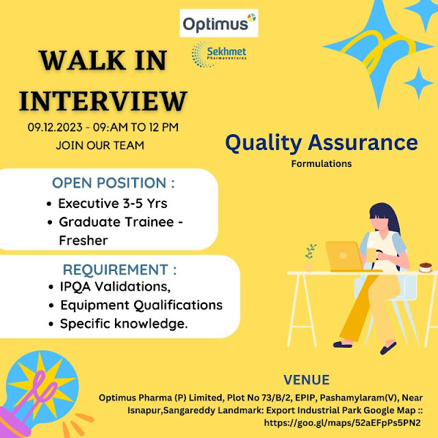Optimus Pharma | Walk-in interview for Formulation QA on 9th Dec 2023